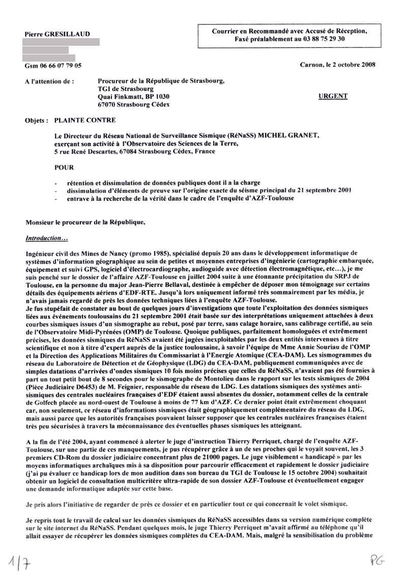 LETTRE DU 2 OCTOBRE 2008 PLAINTE CONTRE MICHEL RESPONSABLE DU RENASS